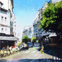 Les terrasses de la rue des Abbesses à Montmartre   92×65 cms