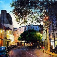 Les lumières de Paris aux Abbesses quand tombe le soir 100×100 cms