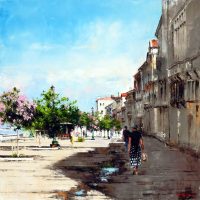 les quais de Venise aux zattere 90×90 cms
